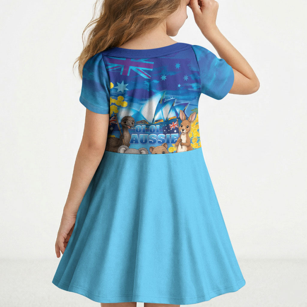 Happy Australia Flag Day Kid Short Sleeve Dress Aussie Animals Grunge Style
