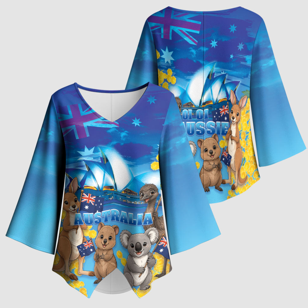 Happy Australia Flag Day Kimono Sleeve Blouse Aussie Animals Grunge Style