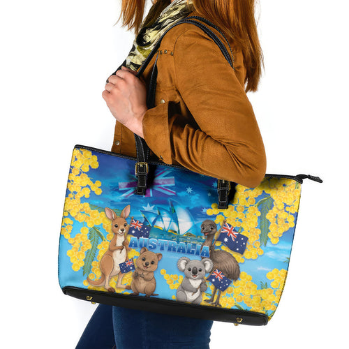 Happy Australia Flag Day Leather Tote Bag Aussie Animals Grunge Style