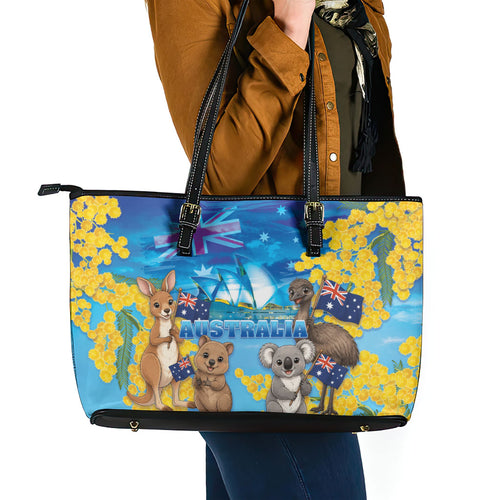 Happy Australia Flag Day Leather Tote Bag Aussie Animals Grunge Style