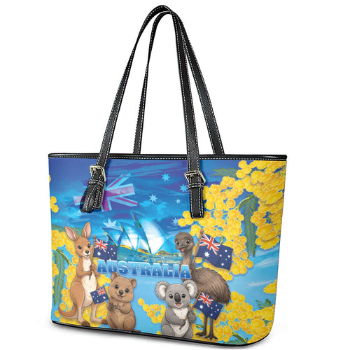 Happy Australia Flag Day Leather Tote Bag Aussie Animals Grunge Style