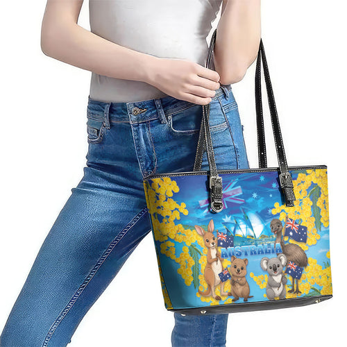 Happy Australia Flag Day Leather Tote Bag Aussie Animals Grunge Style