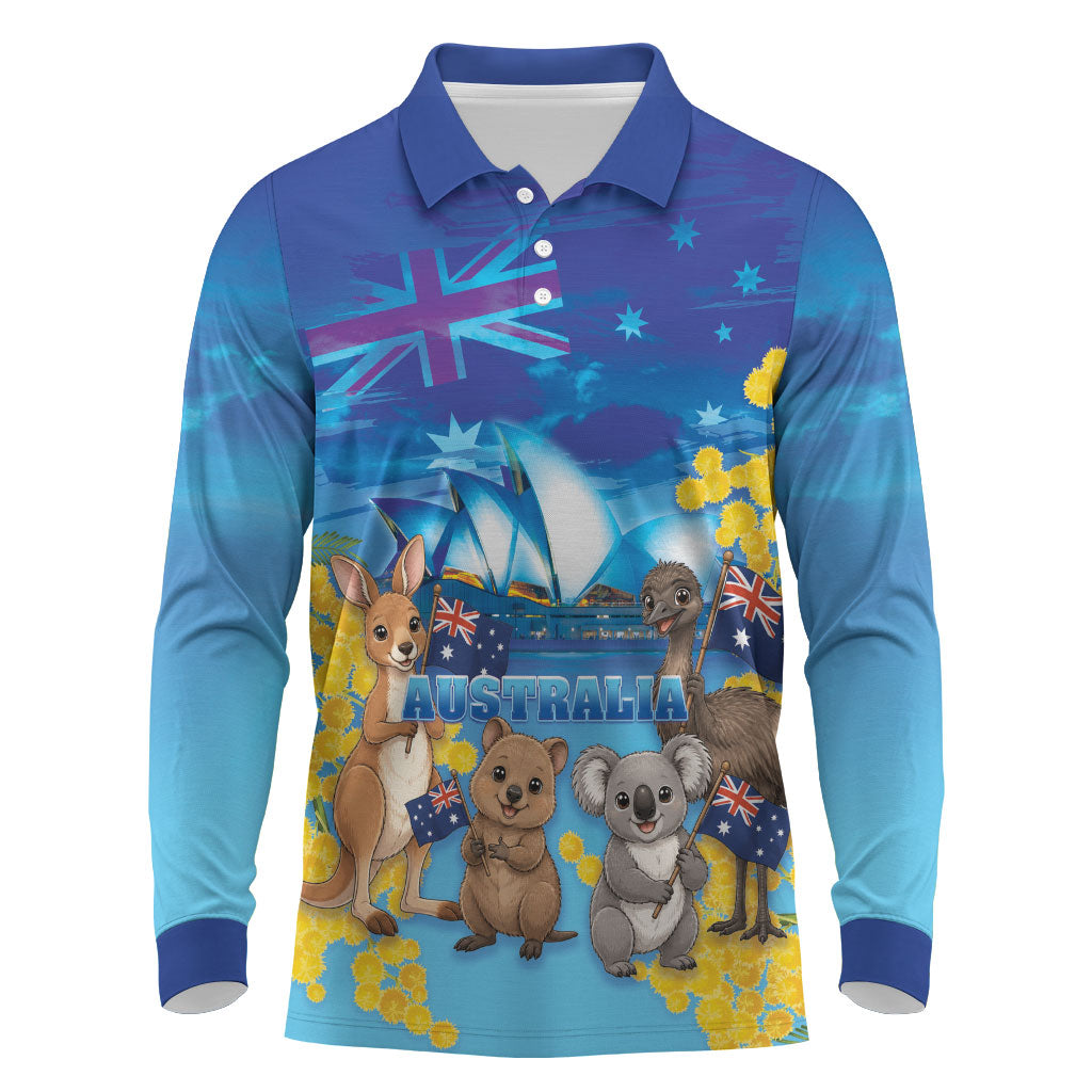 Happy Australia Flag Day Long Sleeve Polo Shirt Aussie Animals Grunge Style