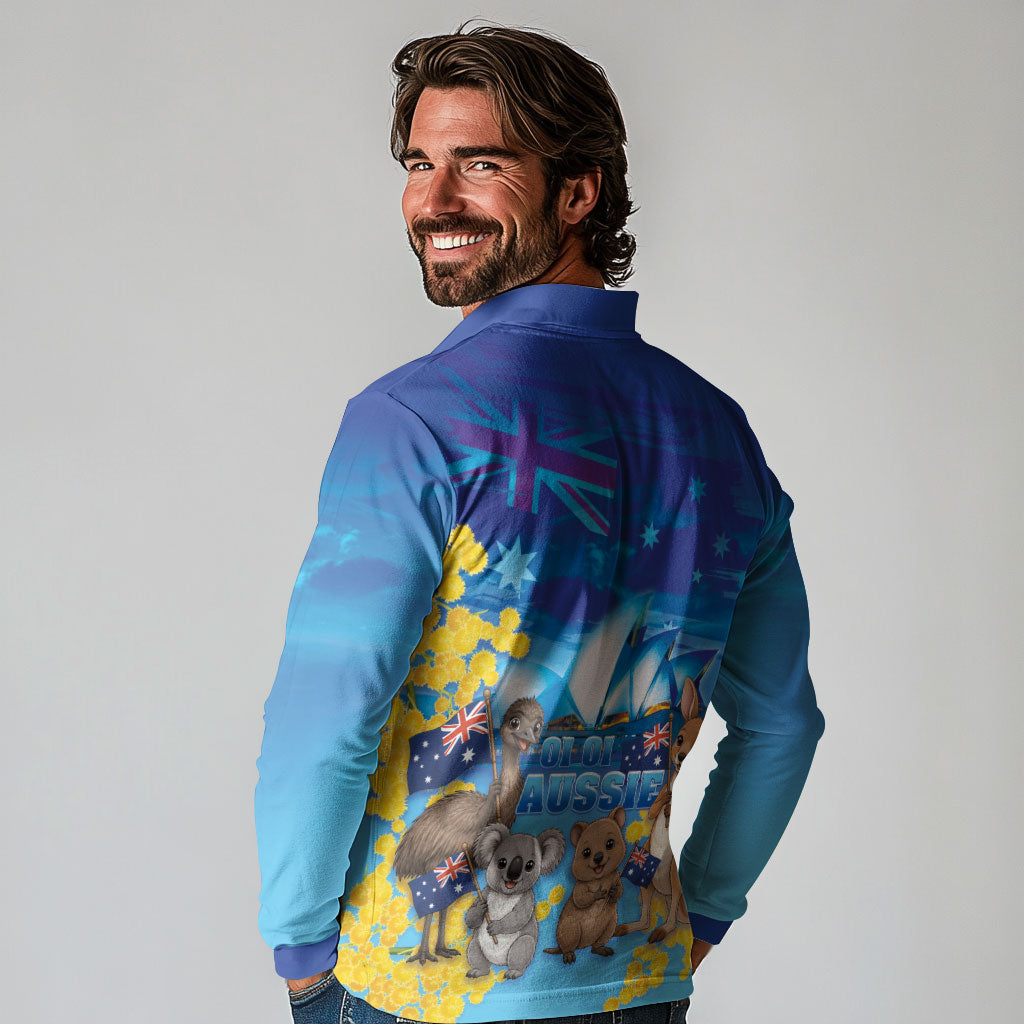 Happy Australia Flag Day Long Sleeve Polo Shirt Aussie Animals Grunge Style