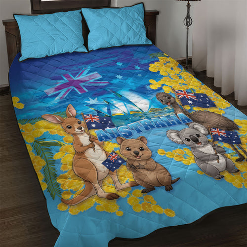 Happy Australia Flag Day Quilt Bed Set Aussie Animals Grunge Style