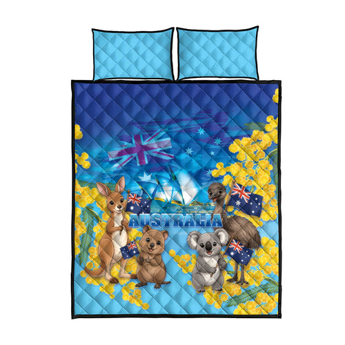 Happy Australia Flag Day Quilt Bed Set Aussie Animals Grunge Style