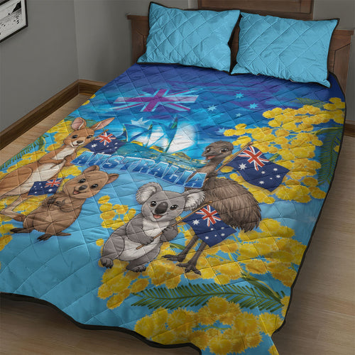 Happy Australia Flag Day Quilt Bed Set Aussie Animals Grunge Style