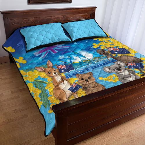 Happy Australia Flag Day Quilt Bed Set Aussie Animals Grunge Style