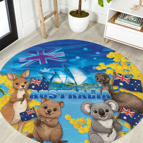 Happy Australia Flag Day Round Carpet Aussie Animals Grunge Style