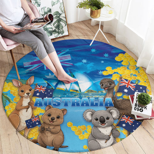 Happy Australia Flag Day Round Carpet Aussie Animals Grunge Style