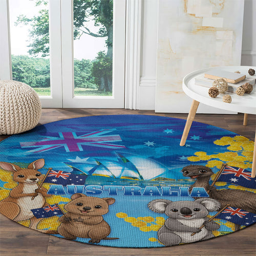 Happy Australia Flag Day Round Carpet Aussie Animals Grunge Style