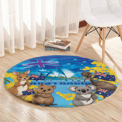 Happy Australia Flag Day Round Carpet Aussie Animals Grunge Style