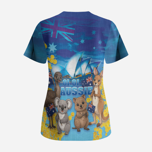 Happy Australia Flag Day Scrub Top Aussie Animals Grunge Style