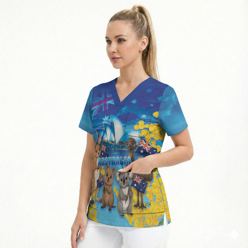 Happy Australia Flag Day Scrub Top Aussie Animals Grunge Style