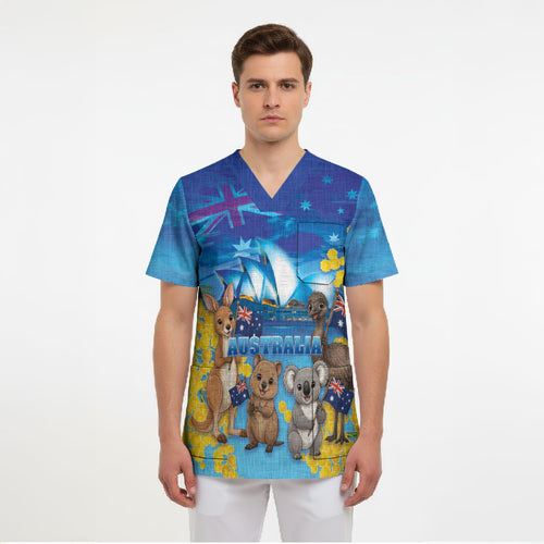 Happy Australia Flag Day Scrub Top Aussie Animals Grunge Style