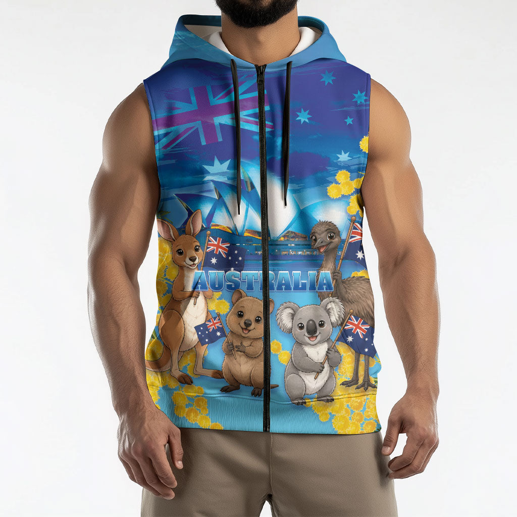 Happy Australia Flag Day Sleeveless Zip Hoodie Aussie Animals Grunge Style