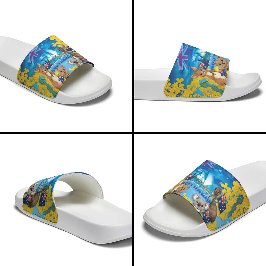 Happy Australia Flag Day Slide Sandals Aussie Animals Grunge Style