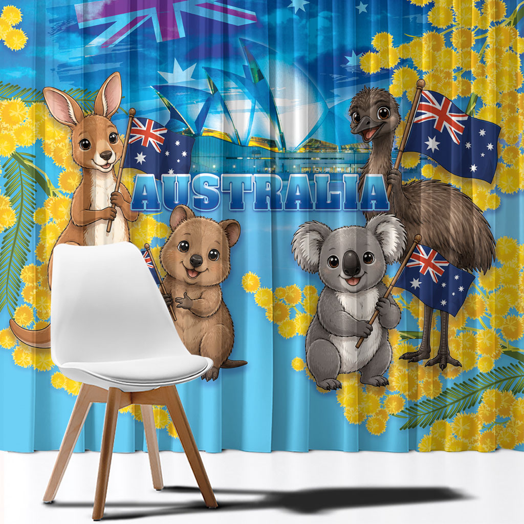 Happy Australia Flag Day Window Curtain Aussie Animals Grunge Style