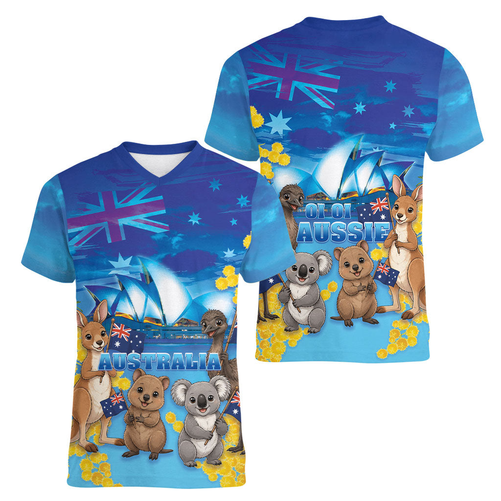 Happy Australia Flag Day Women V-Neck T-Shirt Aussie Animals Grunge Style