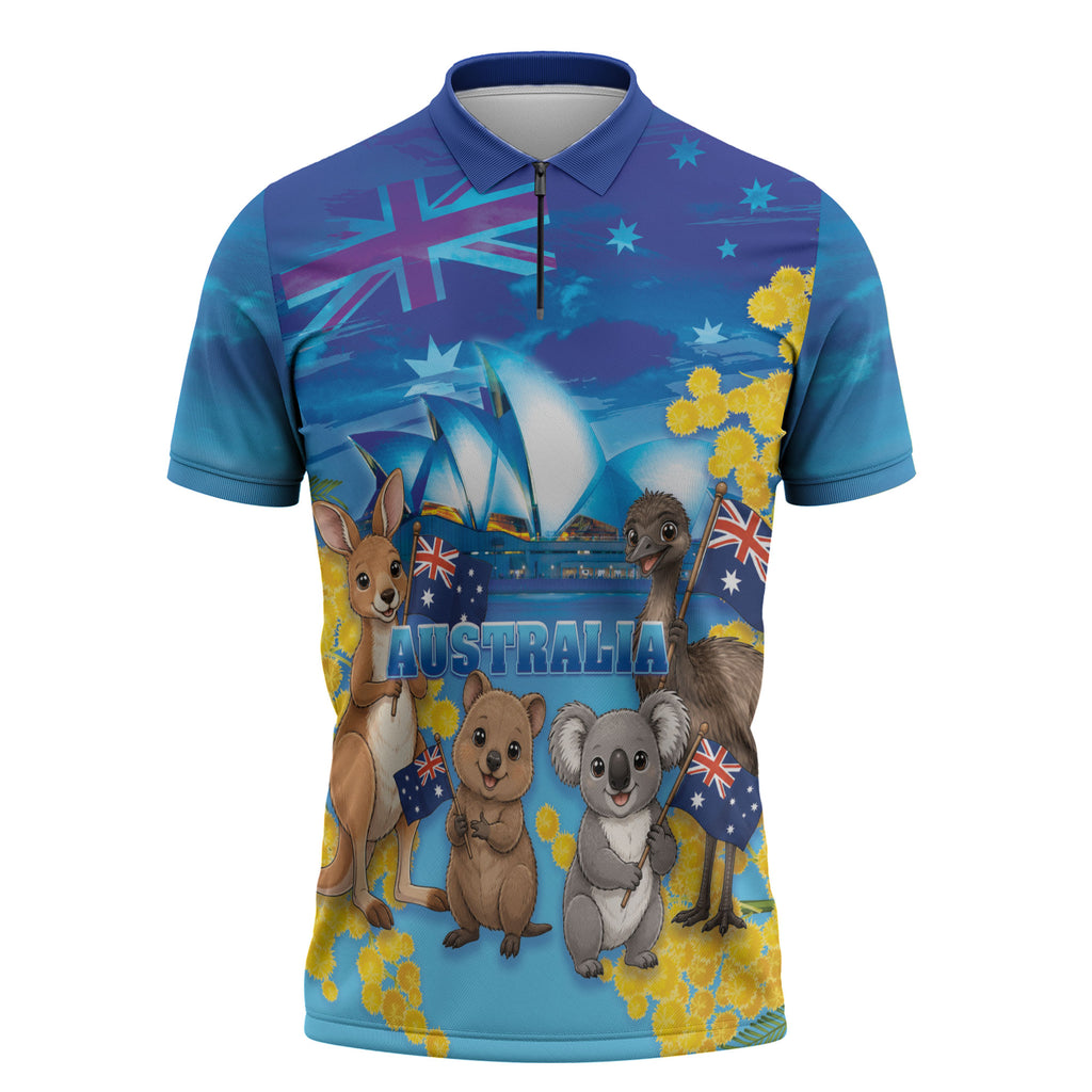 Happy Australia Flag Day Zipper Polo Shirt Aussie Animals Grunge Style