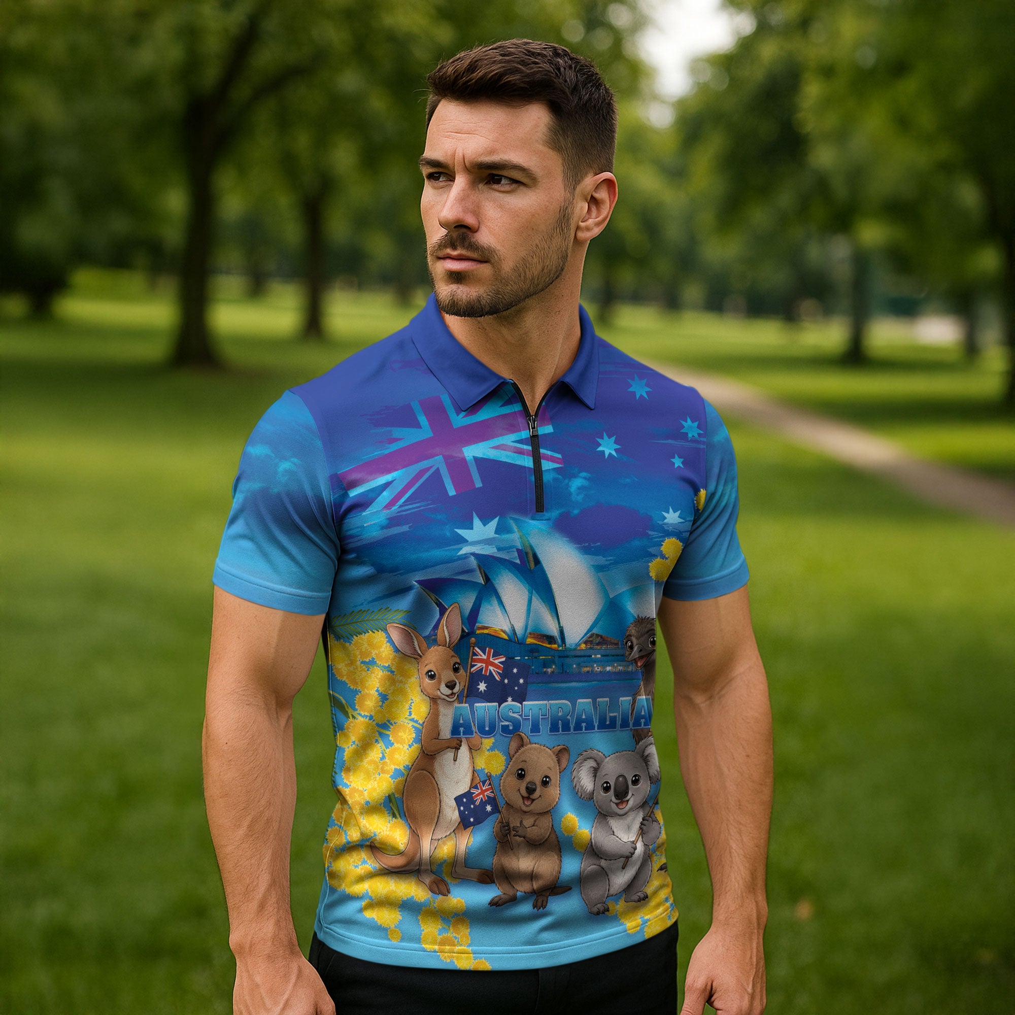 Happy Australia Flag Day Zipper Polo Shirt Aussie Animals Grunge Style