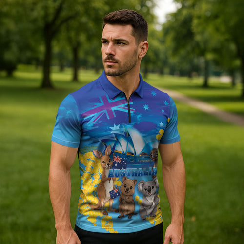 Happy Australia Flag Day Zipper Polo Shirt Aussie Animals Grunge Style