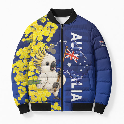 Australia Cockatoo Bomber Puffer Jacket Aussie Flag With Golden Wattle