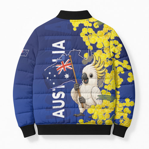 Australia Cockatoo Bomber Puffer Jacket Aussie Flag With Golden Wattle