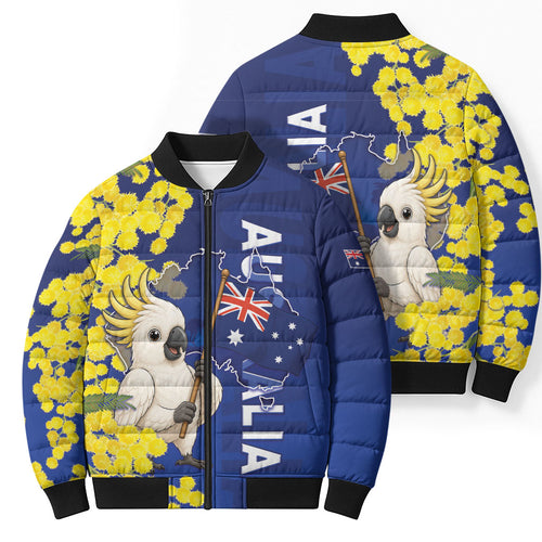Australia Cockatoo Bomber Puffer Jacket Aussie Flag With Golden Wattle