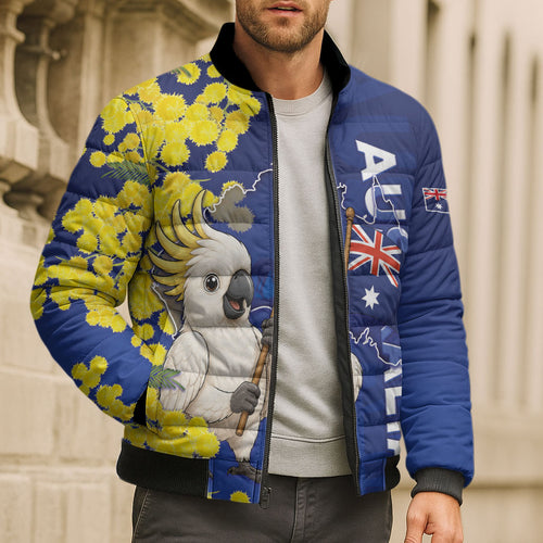 Australia Cockatoo Bomber Puffer Jacket Aussie Flag With Golden Wattle