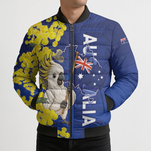 Australia Cockatoo Bomber Puffer Jacket Aussie Flag With Golden Wattle