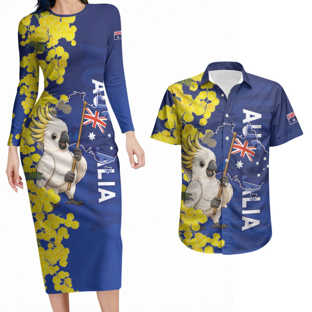 Australia Cockatoo Couples Matching Long Sleeve Bodycon Dress and Hawaiian Shirt Aussie Flag With Golden Wattle