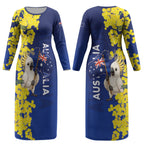 Australia Cockatoo Couples Matching Long Sleeve Bodycon Dress and Hawaiian Shirt Aussie Flag With Golden Wattle