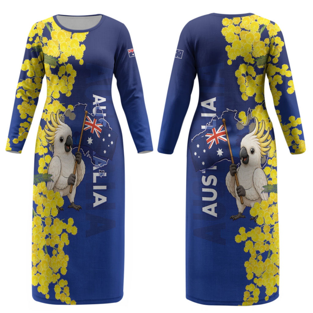 Australia Cockatoo Couples Matching Long Sleeve Bodycon Dress and Hawaiian Shirt Aussie Flag With Golden Wattle