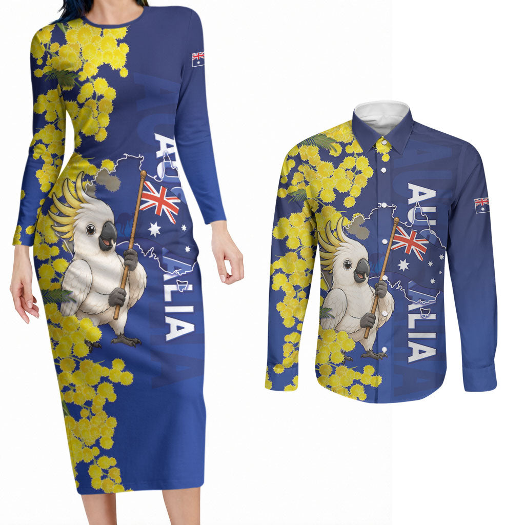 Australia Cockatoo Couples Matching Long Sleeve Bodycon Dress and Long Sleeve Button Shirt Aussie Flag With Golden Wattle