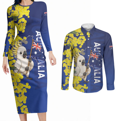 Australia Cockatoo Couples Matching Long Sleeve Bodycon Dress and Long Sleeve Button Shirt Aussie Flag With Golden Wattle