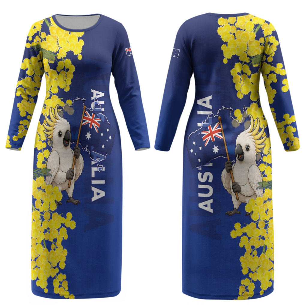 Australia Cockatoo Couples Matching Long Sleeve Bodycon Dress and Long Sleeve Button Shirt Aussie Flag With Golden Wattle