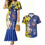 Australia Cockatoo Couples Matching Mermaid Dress and Hawaiian Shirt Aussie Flag With Golden Wattle