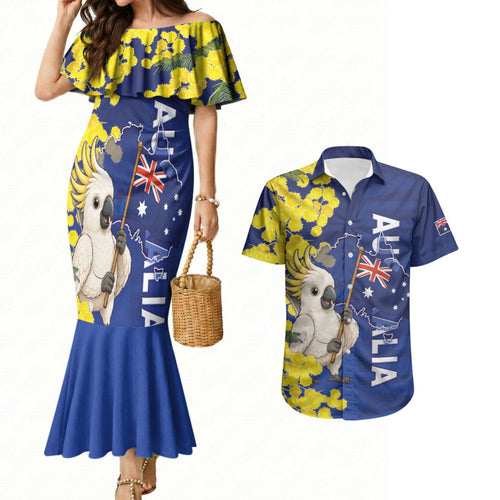 Australia Cockatoo Couples Matching Mermaid Dress and Hawaiian Shirt Aussie Flag With Golden Wattle