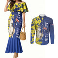 Australia Cockatoo Couples Matching Mermaid Dress and Long Sleeve Button Shirt Aussie Flag With Golden Wattle