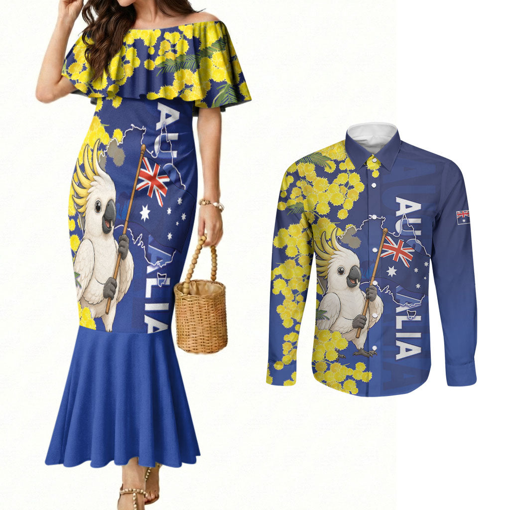 Australia Cockatoo Couples Matching Mermaid Dress and Long Sleeve Button Shirt Aussie Flag With Golden Wattle