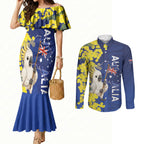 Australia Cockatoo Couples Matching Mermaid Dress and Long Sleeve Button Shirt Aussie Flag With Golden Wattle
