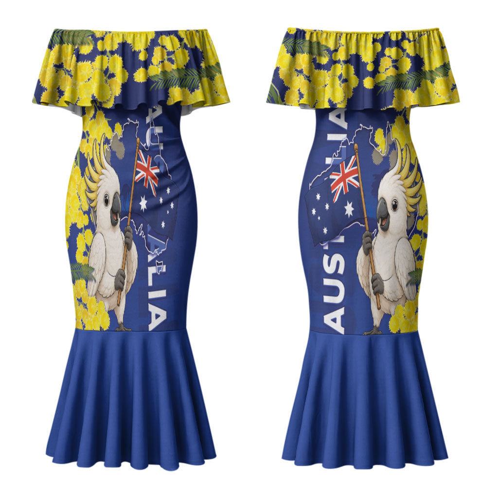Australia Cockatoo Couples Matching Mermaid Dress and Long Sleeve Button Shirt Aussie Flag With Golden Wattle
