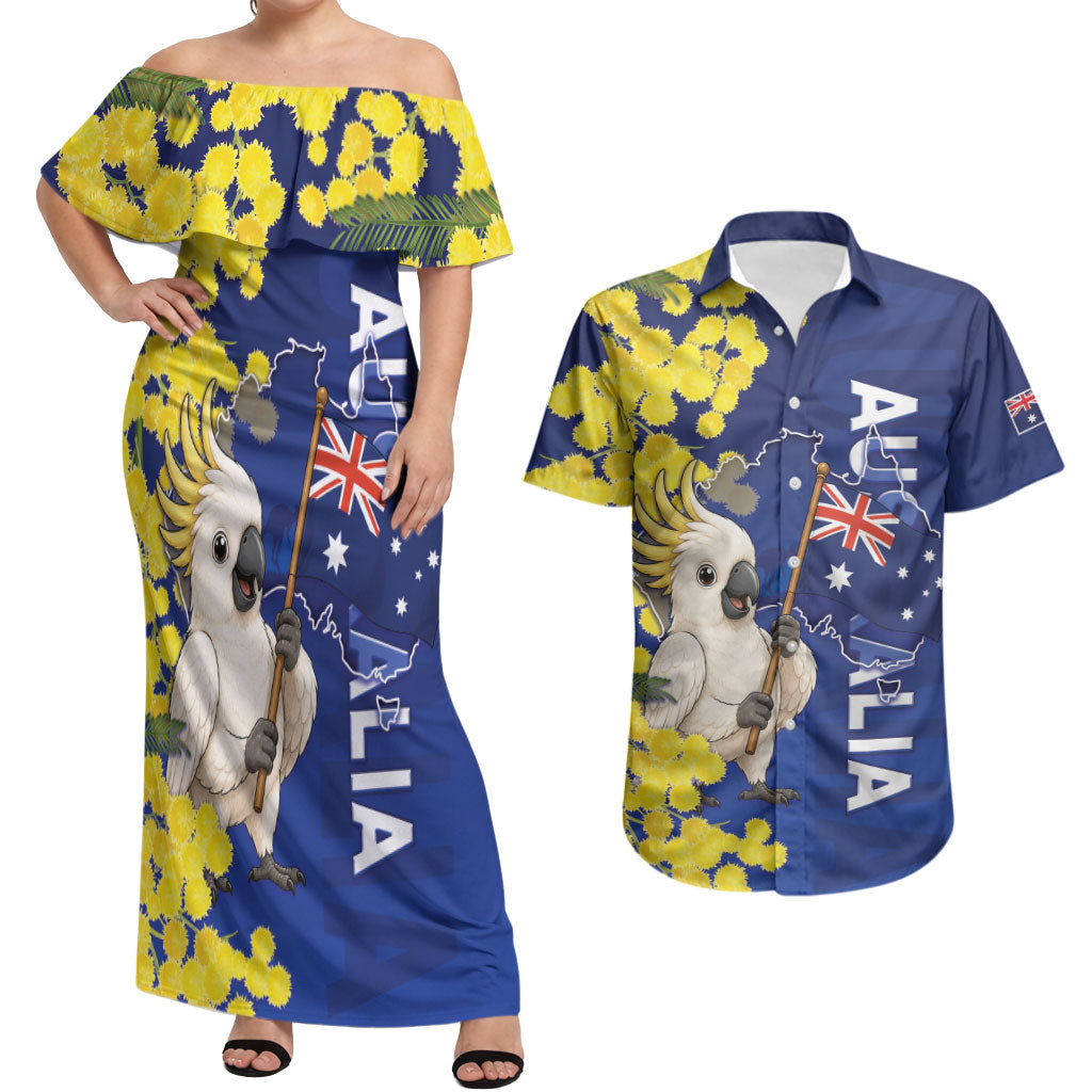 Australia Cockatoo Couples Matching Off Shoulder Maxi Dress and Hawaiian Shirt Aussie Flag With Golden Wattle