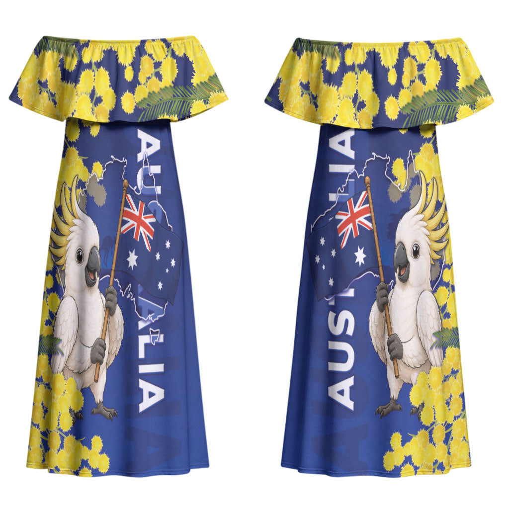 Australia Cockatoo Couples Matching Off Shoulder Maxi Dress and Hawaiian Shirt Aussie Flag With Golden Wattle