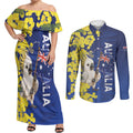 Australia Cockatoo Couples Matching Off Shoulder Maxi Dress and Long Sleeve Button Shirt Aussie Flag With Golden Wattle