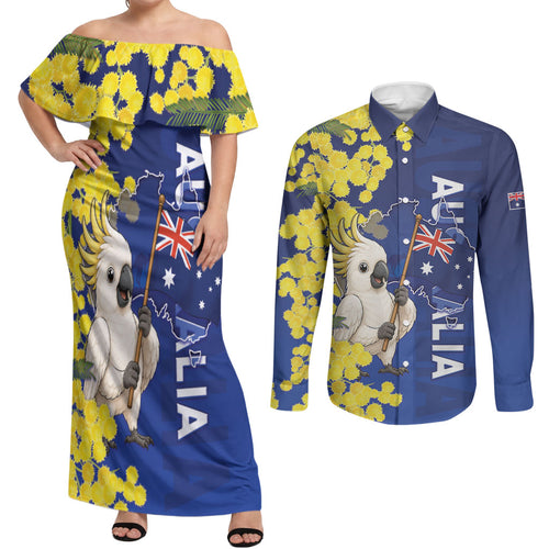Australia Cockatoo Couples Matching Off Shoulder Maxi Dress and Long Sleeve Button Shirt Aussie Flag With Golden Wattle
