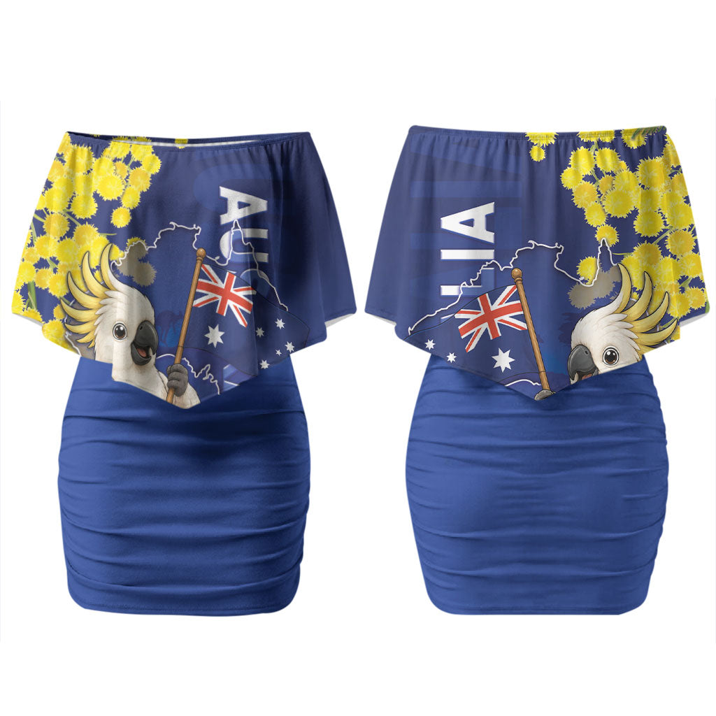 Australia Cockatoo Couples Matching Off Shoulder Short Dress and Hawaiian Shirt Aussie Flag With Golden Wattle