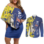 Australia Cockatoo Couples Matching Off Shoulder Short Dress and Long Sleeve Button Shirt Aussie Flag With Golden Wattle