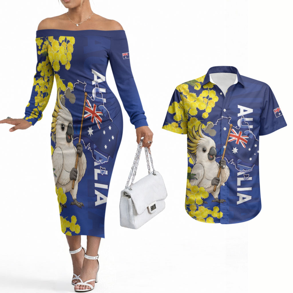 Australia Cockatoo Couples Matching Off The Shoulder Long Sleeve Dress and Hawaiian Shirt Aussie Flag With Golden Wattle